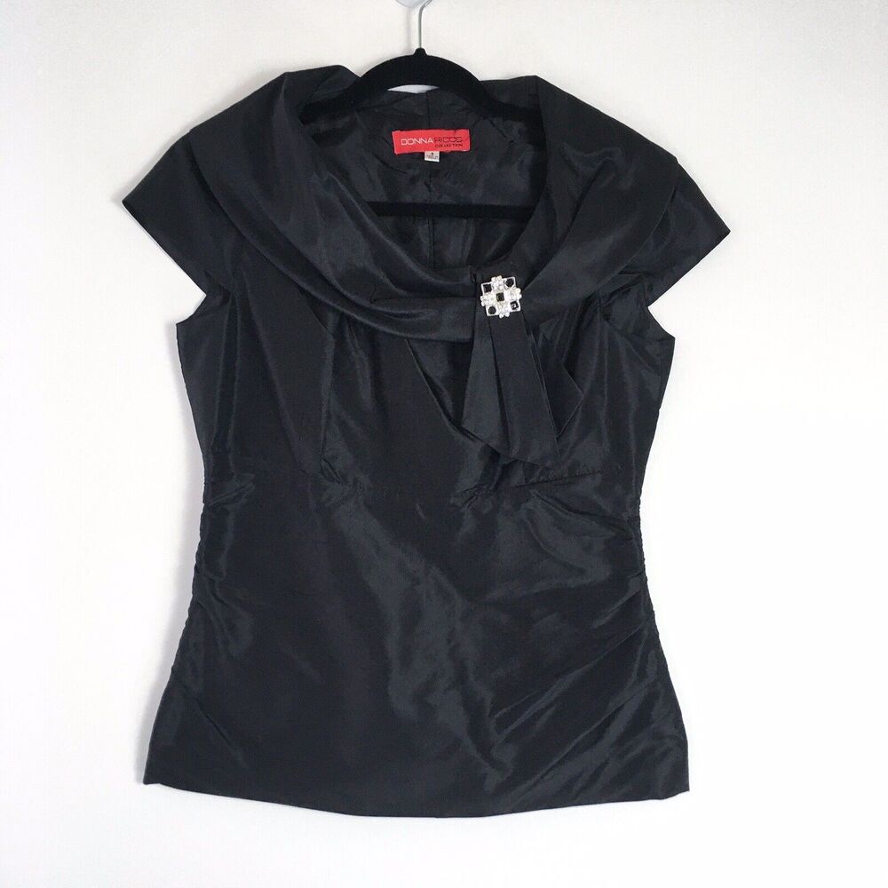 VTG Donna Ricco Women 4 Blouse Black Silk Low Cowl Vintage Brooch Ruched Top